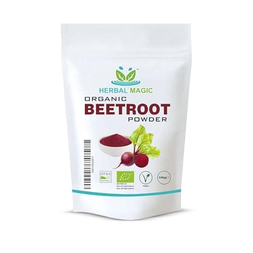 Image of Herbal Magic's Organic Beet Root Powder - Sweet & Earthy - Ideal as a Natural Food Colour and Flavour to Tandoori Dishes,Cakes Free from Fillers & Preservatives - of&G UK Organic Certified 100g