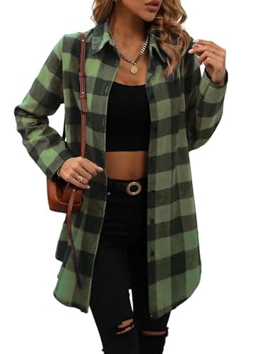 Image of Jhsnjnr Womens Long Sleeve Checked Flannel Shirt Mid-Long Button Down Blouse Shirts with Pockets Green
