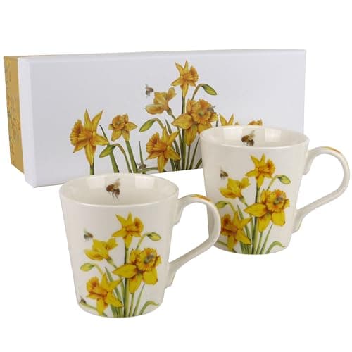 Image of The Leonardo Collection Set of 2 Mugs Bee Daffodils Floral Design Gift Box