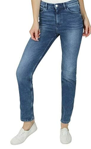 Image of Ex High Street Brand Ladies Straight Leg Jeans Mid Rise Cotton Denim with Added Stretch Fashion Apparel for Women Denim Blue Abrasion 8 Long