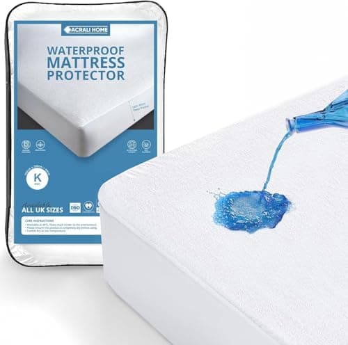 Image of Acrali Home 100% Waterproof Mattress Protector King Size Bed (150x200x40cm) - Non Noisy, Terry Cotton, Allergy-Free, Extra Deep 40cm Fitted Skirt - Super Absorbent & Machine Washable Cover, White