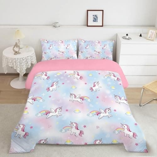 Image of INTOMENG Unicorn Bedding Kids Double Duvet Set for Girls Pink Blue Bedding Quilt Cover Set 200×200cm Microfibre Duvet Covers and 2 Pillowcases 50×75cm 3D Printing Crown Auspicious Cloud Pattern