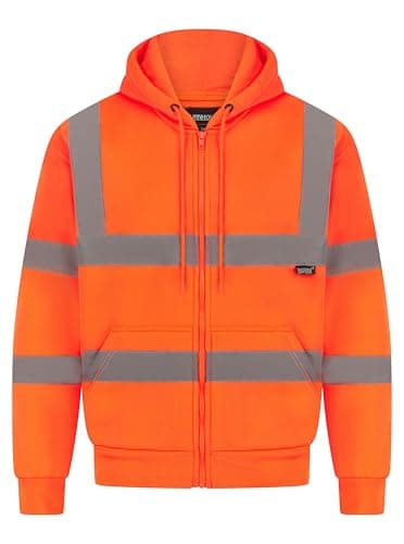 Image of LABEL APPAREL Mens Hi Vis Hoodie Grey High Visibility Reflective Tape Zipper Workwears Long Sleeve Zipped Hoody Tops Fleece Sweatshirts Utility & Safety Jumper Pullover Orange X-Large