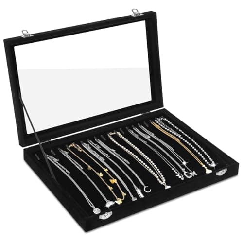 Image of Jewellery Box, 20 Hooks Velvet Necklace Organiser, Necklaces Display Stand with Clear Lid, Necklace Holder Box, Lockable Jewellery Organiser for Necklace, Black Necklace Box for Women Girls (Black)
