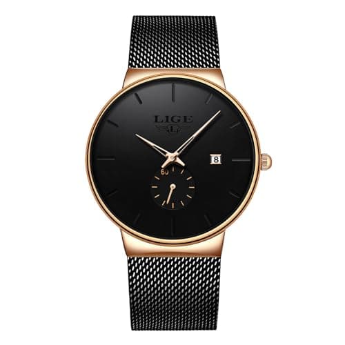 Image of LIGE Mens Watch Waterproof Wrist Gents Black Vintage Watches for Men 3ATM Water-Resistant Quartz with Date Stainless Steel Business Casual Retro Minimalist Analog Thin Wristwatch,Gold