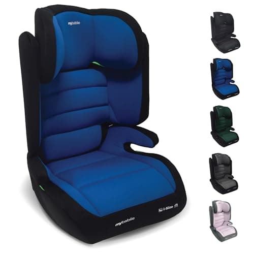 Image of My Babiie MBCSB30 Highback Booster Car Seat - 100-150cm (Approx. 4-12 Years, Group 2/3), i-Size R129, Adjustable Child High Back Seat, Padded, 8 Position Headrest - Blue & Black