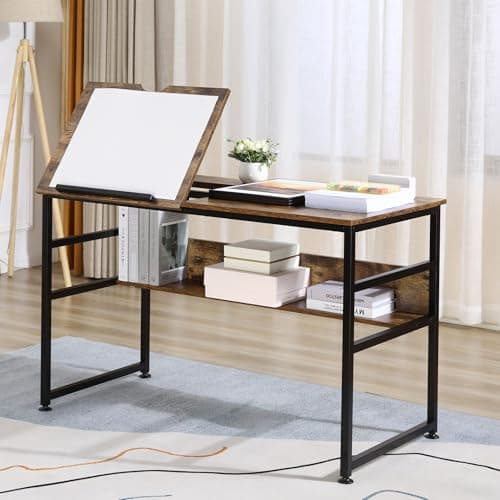 Image of HOMCOM Adjustable Drafting Table Art Desk Drawing Table, Craft Desk Workstation for Painting, Multifunctional Writing Desk w/ 15-Level Tiltable Tabletop and Storage Shelf, Home Office, Rustic Brown