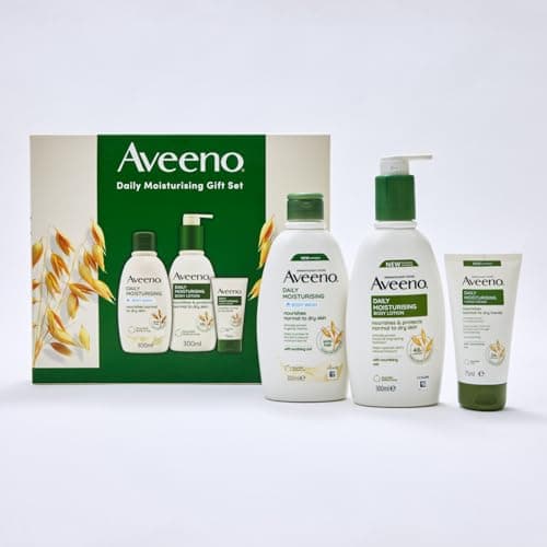 Image of Aveeno Daily Moisturising Gift Set for Normal to Dry Skin, with Soothing Oat Extract, Body Wash 300ml + Body Lotion 300ml + Hand Cream 75ml, Pack of 3