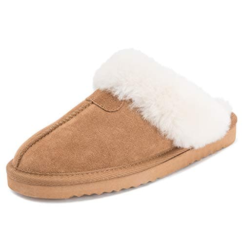 Image of Polar Women’s Suede Winter Mules Slippers - Warm Faux Sheepskin Lining, Australian Style - Indoor House Shoes with Non-Slip Sole - Tan - UK 6