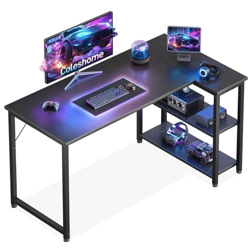 Image of Coleshome L Shaped Gaming Desk, 120x70 cm Computer Desk, Corner Office Desk with Reversible Storage Shelves, Writing Study Table for Work Play Home Office, Black