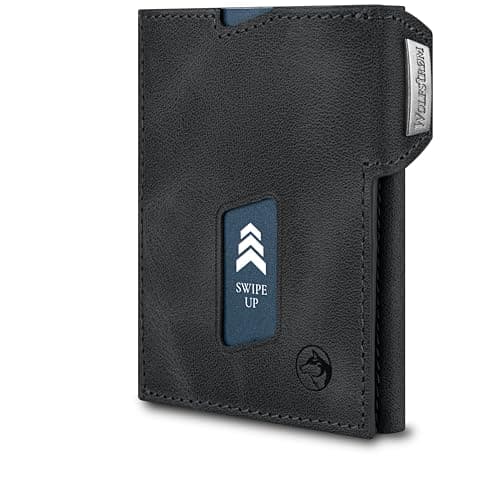 Image of Wolfstrøm Slim Wallet with Coin Compartment 'Ludvig' I 7+1 Cards Mini Wallet I RFID Blocker I Women's Men's Wallet Small I Credit Card Holder Purse, (05) Antique Black, Klein, mit Münzfach, Retro