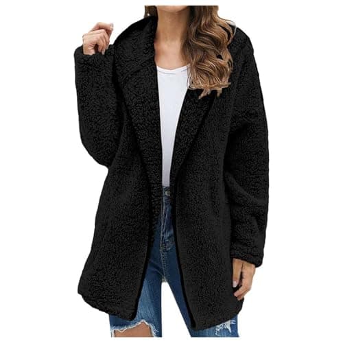 Image of Womens Fleece Jackets Ladies Zip Up Long Hoodie Fluffy Fleece Jacket Loose Long Sleeve Teddy Bear Coat Winter Warm Soft Sherpa Lined Sweatshirt Solid Color Hooded Jumper Outwear (Black, M)