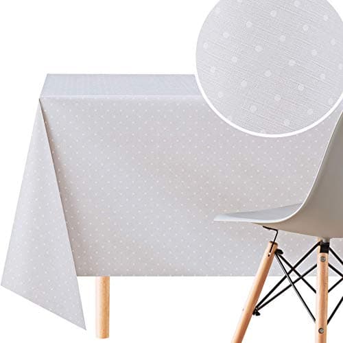Image of KP HOME Premium Wipe Clean Tablecloth - Polka Dot Waterproof PVC Table Cloth - Rectangular 200 x 140 cm Plastic Table Cover - Wipeable Vinyl Oilcloth for Kitchen, Dining & Outdoor - Light Grey