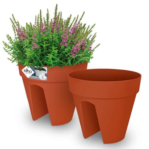 Image of Gardebruk® 2x Balcony Railing Flower Pots | Sustainable Recycled Plastic | Loft Urban Fence Round Planter Plant Pot Box | Overflow Pipes | 29x26cm | Terracotta