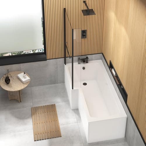 Image of Modern Qubix 1700 x 850mm Left Hand L Shaped Shower Bath tub with Black Shower Screen & Front Panel