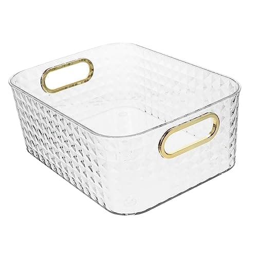 Image of FUNNETOYU Transparent Gold Desktop Storage Basket Multipurpose Sundry Organizer for Cosmetics Office Supplies and Bathroom Essentials Compact Space Saving Storage Box for Home and Office