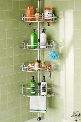 Image of HAMITOR Telescopic Shower Caddy Corner Storage: No-Drill Stainless Steel Bathroom Shelves Organizer, 4-tier Large Capacity Adjustable Shelf with Tension Rod for Home Renters Apartment - Silver Gray