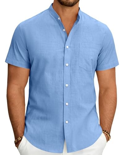 Image of J.VER Linen Shirts Men Short Sleeve Casual Lightweight Cotton Regular Fit Summer Holiiday Beach Button Down Shirt with Pocket Blue XL
