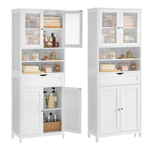 Image of VASAGLE Storage Cabinet, Freestanding Bathroom Storage Unit with Adjustable Shelves, Drawer, Open Compartments, for Bathroom, Living Room, Kitchen, Cloud White BBC768W01