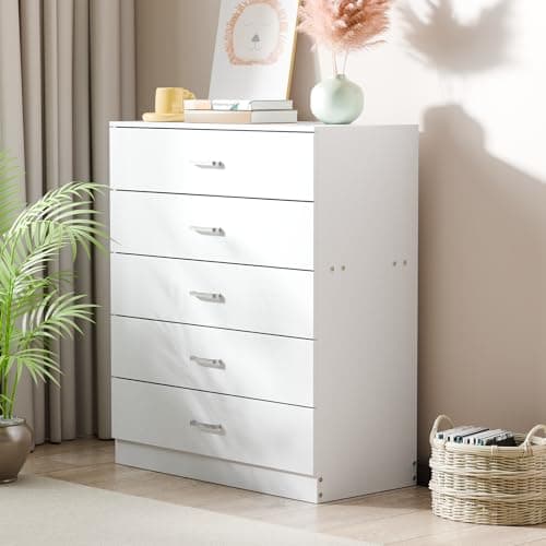 Image of SELORSS Chest of Drawers, 5 Drawer With Metal Handles and Runners, Anti-Bowing Drawer Support, Floor Standing Narrow Storage Cupboard Organiser Unit for Any Room (75 * 36 * 90cm,White)