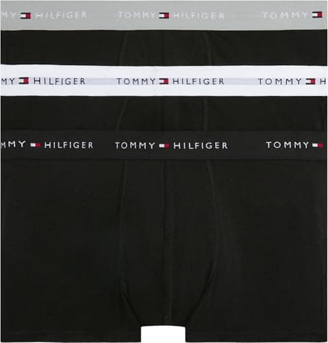 Image of Tommy Hilfiger Men’s 3 Pack Trunks with Logo Waistband, Multicolor (Grey Heather/Black/White), L