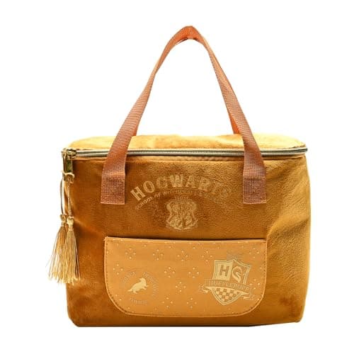 Image of Warner Bros Harry Potter Alumni Lunch Bag – Hufflepuff House Design – Yellow Velvet Hogwarts Lunch Tote with Tassel Zips & Embroidered Crest – Official Merchandise for Potter Fans & Students