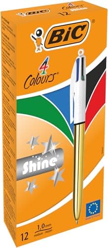Image of BIC 4 Colours Shine Ballpoint Pens Medium Point (1.0 mm) - Metallic Gold Barrel, Box of 12