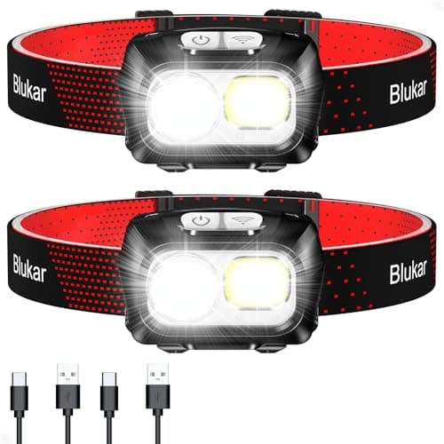 Image of Blukar Head Torch Rechargeable, 2 Pack 2000L Super Bright Headlamp Headlight with 8 Light Modes, Spotlight Floodlight Combination, Sensor Control, Waterproof, Long Battery Life for Running,Camping