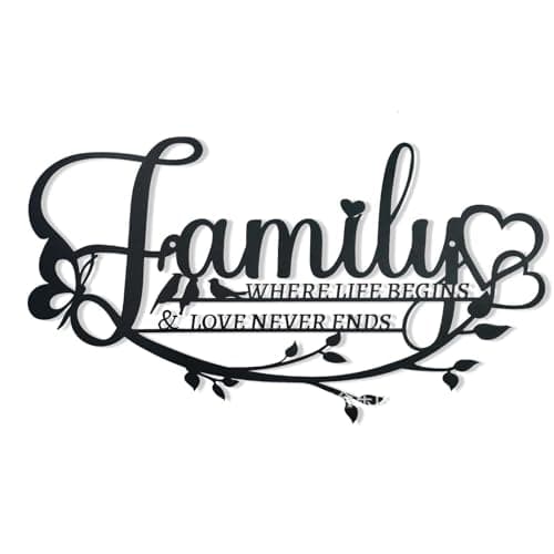 Image of Metal Wall Art, Familys Sign Metal Wall Art Decor, Family Where Life Begins Love Never Ends Wrought Iron Walls Decorations, Hanging Family Signs Home Decor for Living Room Bedroom Kitchen(Black)