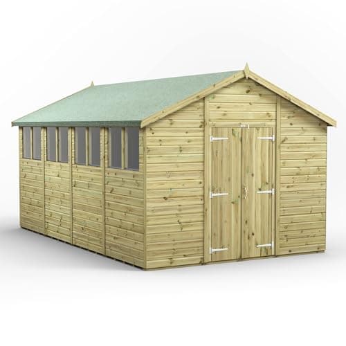 Image of Powersheds High Grade Premium Pressure Treated Apex Double Door Shed Garden Wooden Shed with Heavy Duty Frame, Door & Window Flexibility made from Extra Thick Timber & Toughened Glass (16x10)
