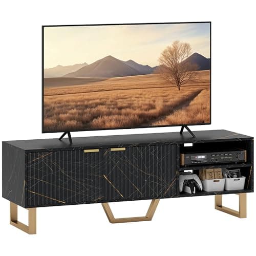 Image of HOMCOM Marble Effect TV Unit, TV Stand Cabinet for up to 70" TVs, Modern TV Cabinet with Shelves and Storage Cupboard, Fluted Door, Extra Centre Leg, Cable Management for Living Room, Black
