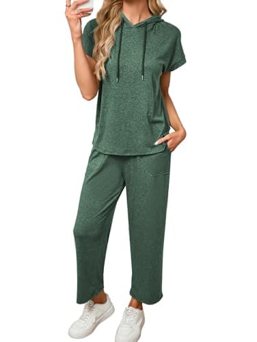 Image of Famulily Tracksuit Womens Full Set Solid Color 2 Pack Matching Sets Side Split Hoodie Tops & Cropped Trousers Green XL