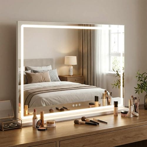 Image of COSTWAY Hollywood Vanity Mirror with Lights, 3-Color Dimmable LED Lighted Tabletop Makeup Mirror with Smart Touch Control, Large Cosmetic Dressing Table Mirror for Bedroom, 80 x 63cm