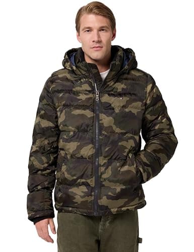 Image of Tommy Hilfiger Men's Hooded Puffer Jacket Down Alternative Coat, Olive Camouflage, XL