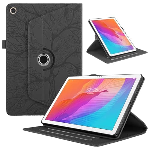 Image of TEDTIKJT Tablet Cover for Huawei MatePad T 10 9.7" 2021 Cover PU Leather 360 Degree Rotating Stand Protective Flip Case for Huawei MatePad T 10 9.7" Tablet Case, Black Life Tree