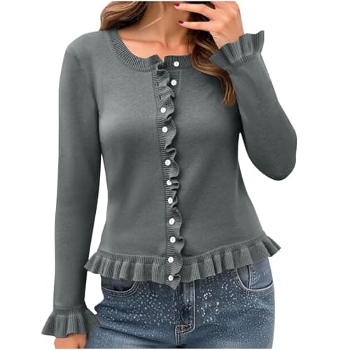 Image of Women's Lightweight Crewneck Cardigan Jumper Button Down Sweater Ruffle Cardigans Casual Lightweight Ladies Summer Cardigans Knit Top Shrugs Outwear Holiday Clothes Dark Gray