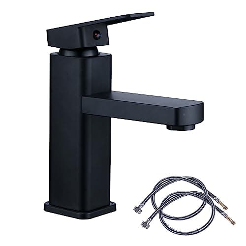 Image of Black Bathroom Basin Tap Washroom Hot and Cold Mixer Tap Single Lever Bathroom Sink Faucet with 80CM UK Standard Hoses