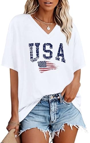 Image of Oversized Tshirts for Women V Neck Short Sleeve Summer Casual Basic Loose Tops, White American Flag, XXL