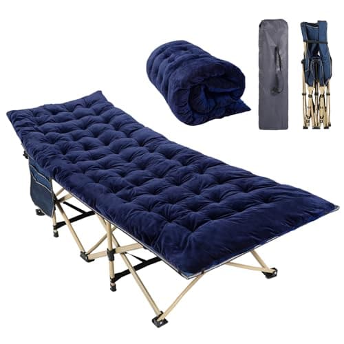 Image of REDCAMP Folding Camping Beds for adults, Heavy Duty Sturdy Camp Bed with Mattress, Stronge Thicker Tubes Sleeping Cot Outdoor Travel Office (Navy Blue Camping Bed+Blue Mattress Thicker)