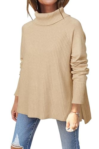 Image of Newshows Women's Turtleneck Jumpers Ladies Oversized Knitted Chunky Side Split Pullover Sweaters Tops Apricot,XL