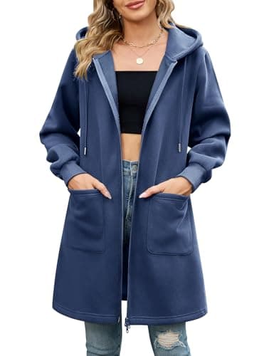 Image of Vancavoo Zip up Hoodie Women Longline Fall Jackets Ladies Fleece Sweatshirts Casual Long Sleeve Jacket Loose Hooded Coat Outwear with Pockets,Navy Blue,XL