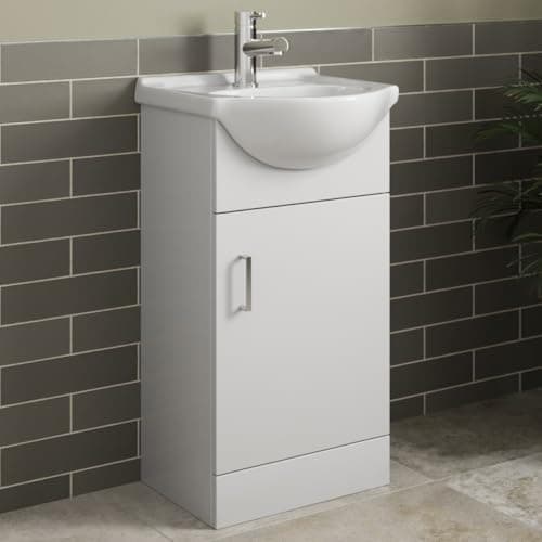 Image of Affine® 450mm Vanity Unit Basin Sink Bathroom Storage Cabinet Cupboard Freestanding, Single Tap Hole Ceramic Wash Basins, Soft Close Door, White Gloss