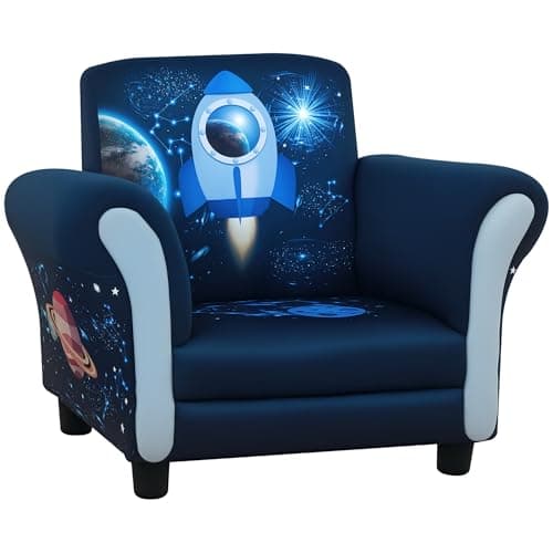 Image of HOMCOM Kids Armchair Toddler Chair Space Rocket Wood Frame Thick Padding High Back Armrest Anti Slip Feet Blue for 3-5 Yrs