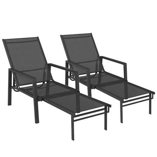 Image of Outsunny Sun Loungers Set of 2 with Retractable Footrest, 5-Position Adjustable Reclining Garden Lounger, Garden Chaise Lounge Sunbed Recliner Chair with Steel Frame for Beach, Porch, Patio, Black