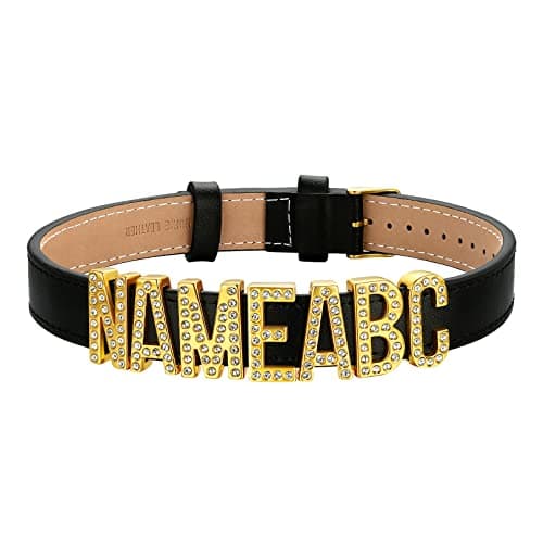 Image of FOCALOOK Black Choker Necklace for Girls Personalised Shiny Cubic Zirconia Name Custom Jewellery PU Leather Collar Chain for Mother Daughters