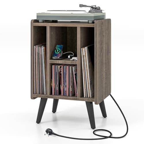 Image of COSTWAY Record Player Stand with Charging Station, Turntable Stand End Sofa Side Table with 4 Open Shelves, Wooden Albums Vinyl Record Storage Cabinet Holder for Living Room Bedroom (Grey Oak)