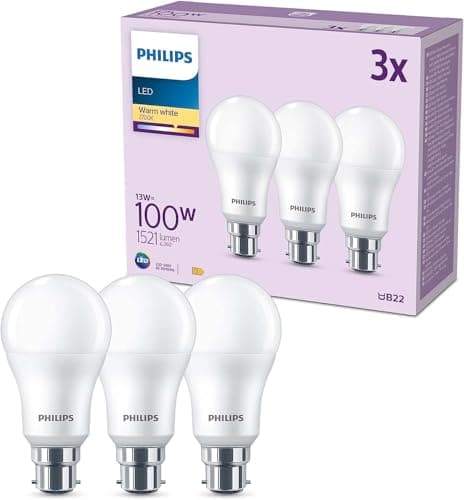 Image of Philips LED Frosted A60 Light Bulb 3 Pack [Warm White 2700K - B22 Bayonet Cap] 100W, Non Dimmable. for Home Indoor Lighting, Value Range