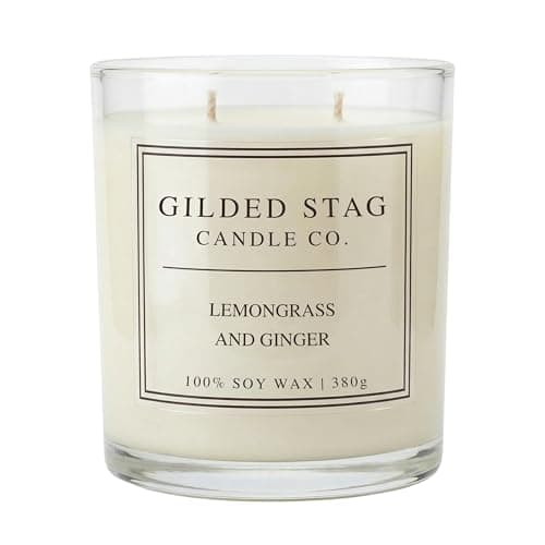 Image of Gilded Stag Scented Candle - Lemongrass & Ginger - Large 2 Wick Soy Wax Candle - Luxury Home Décor Fragrance & Gifts for Women - 50 Hours Burn, 50cl Glass Jar