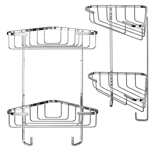 Image of Croydex Medium Corner Shower Caddy - Durable Steel Bathroom Shelves with Chrome Finish for Modern Bathrooms, 2-Tier Shower Corner Shelves with Hooks, Easy Installation, 5kg Load Capacity