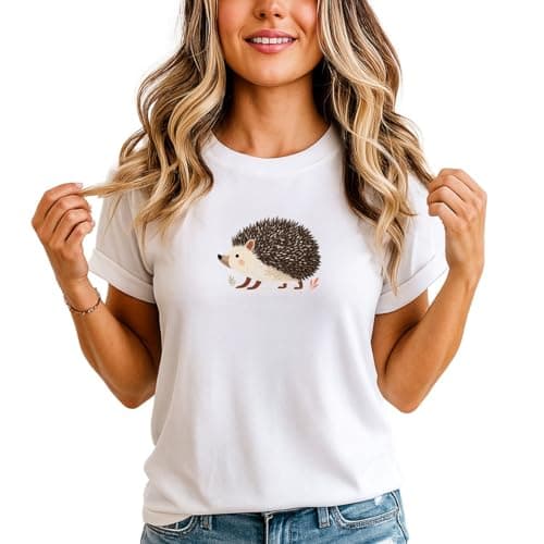 Image of Hedgehog Animal Womens Graphic T-Shirt Woodland Creature Cartoon Tee S (8-10) White